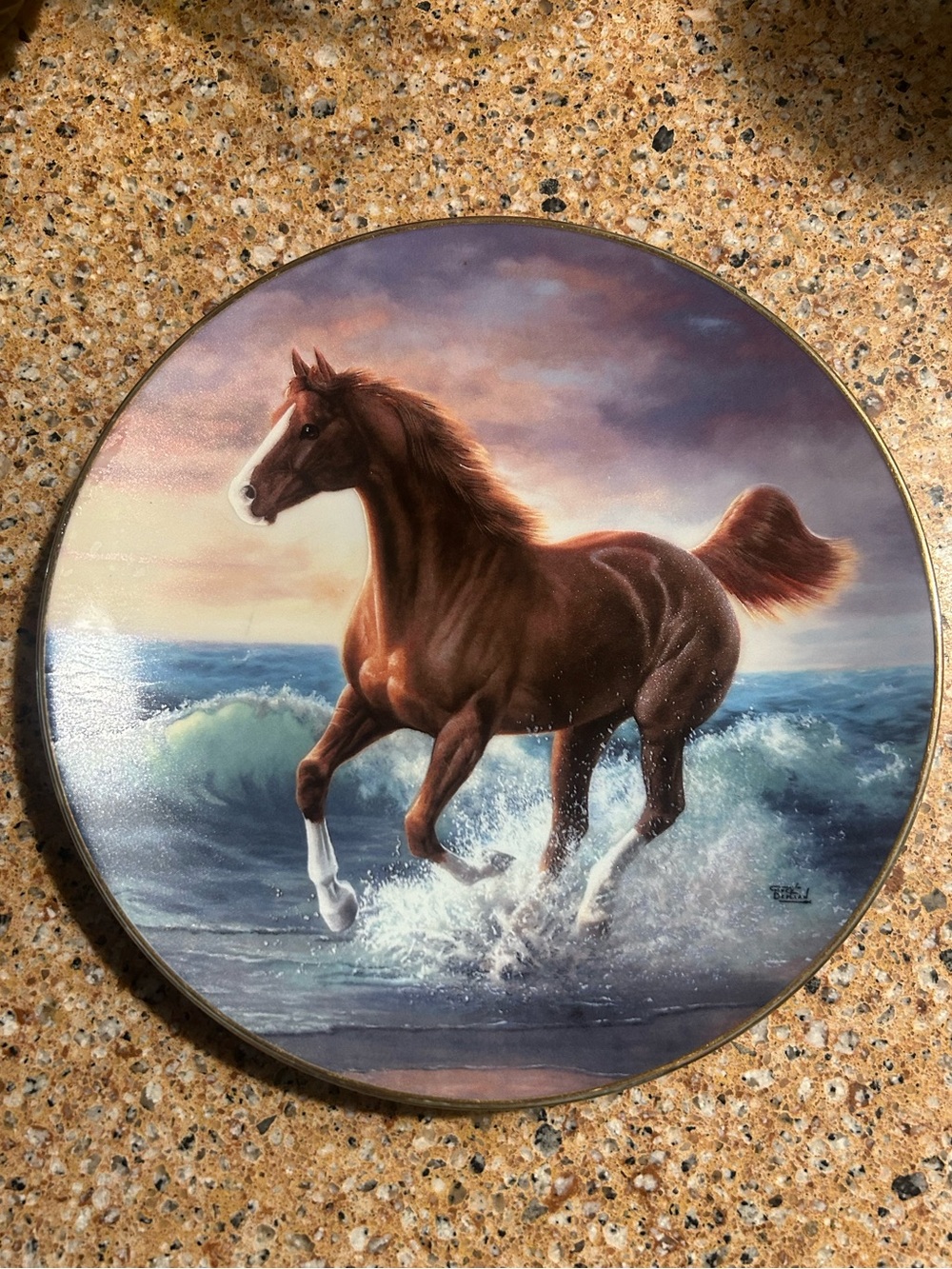 Decorative Ceramic Horse Wall Plate in Brown and White with Gold Rim